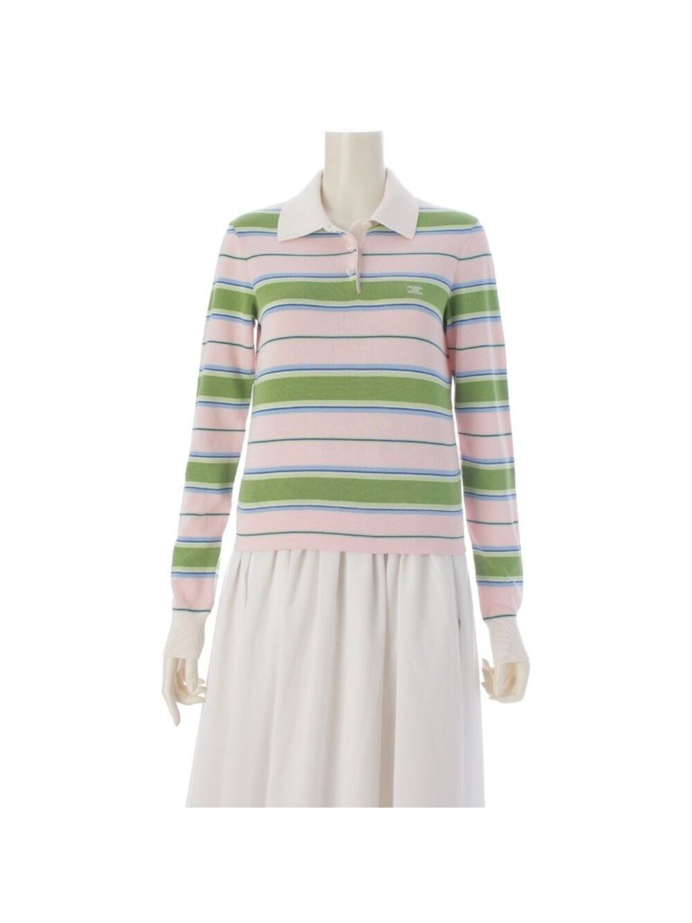Celine Cotton Triomphe Embroidery Border Knit Long Sleeve Polo Shirt Top